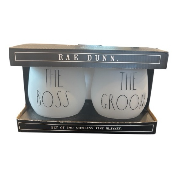 RAE DUNN Set of Two Frosted Glasses THE GROOM and THE BOSS NEW IN BOX - Picture 3 of 5